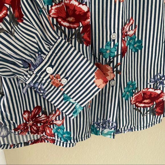 LOFT Button Front Pinstripe and Blue Floral Print Blouse - Picture 4 of 6